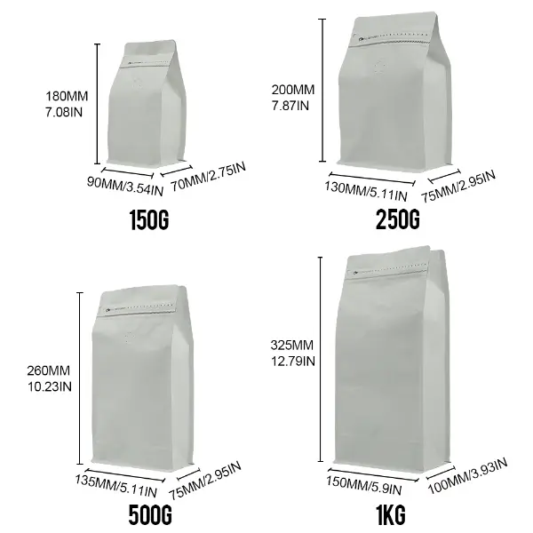 150G 250g 500g 1kg 재고 커피백 크기 차트
