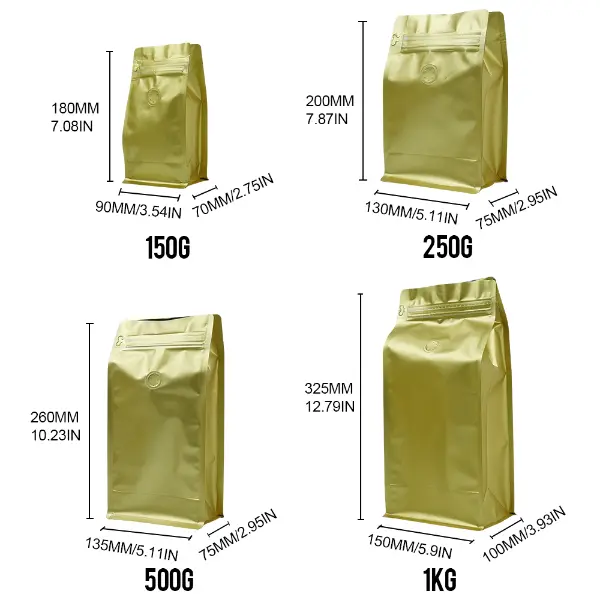 250G 스톡 커피백 크기 치수 평평한 바닥 파우치