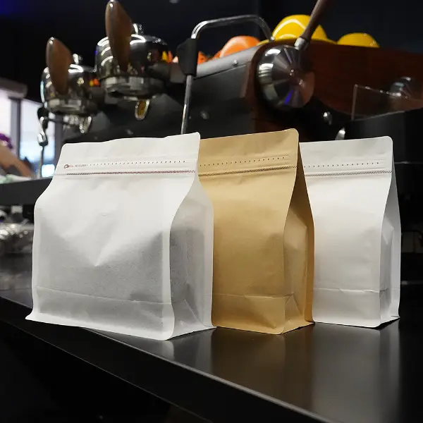 500G 가로 스톡 커피백은 흰색과 크래프트지, 밸브 포함