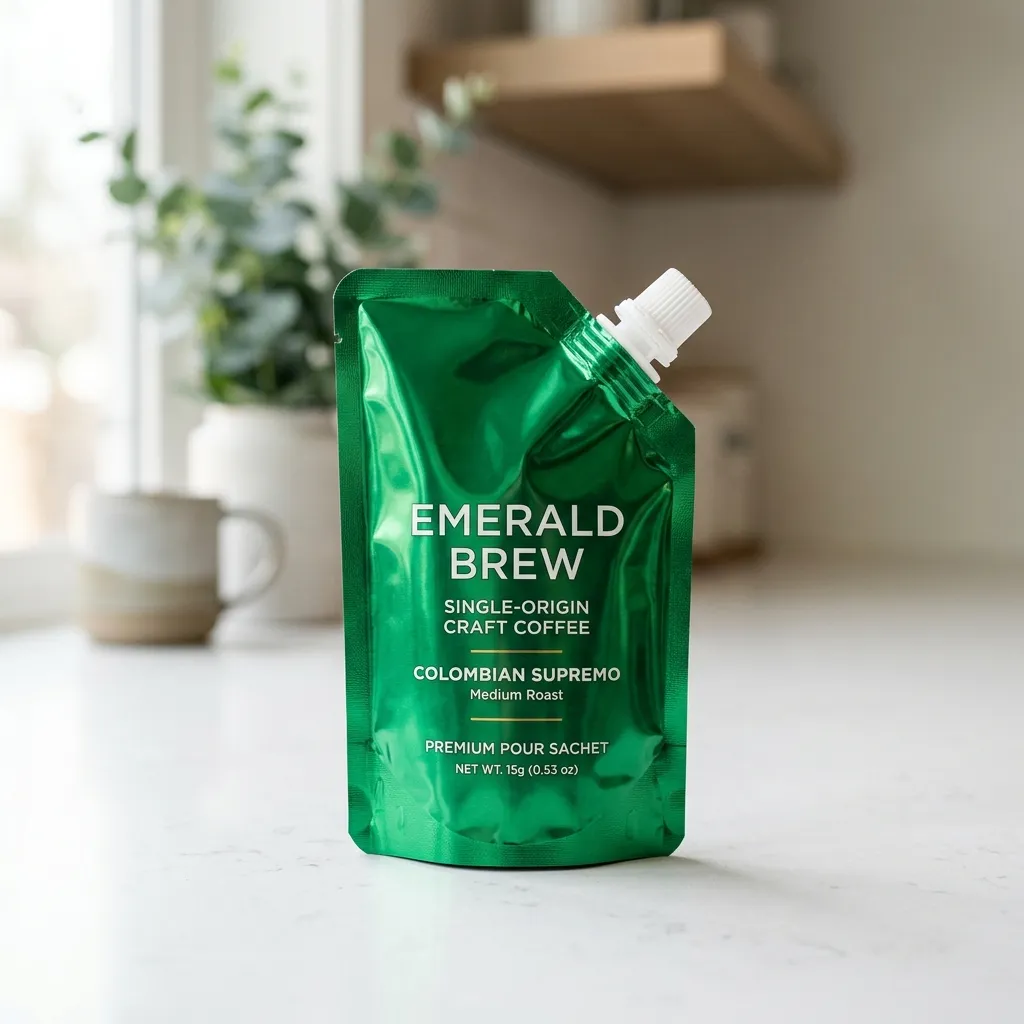 한 Green_coffee_sachet_on_countertop