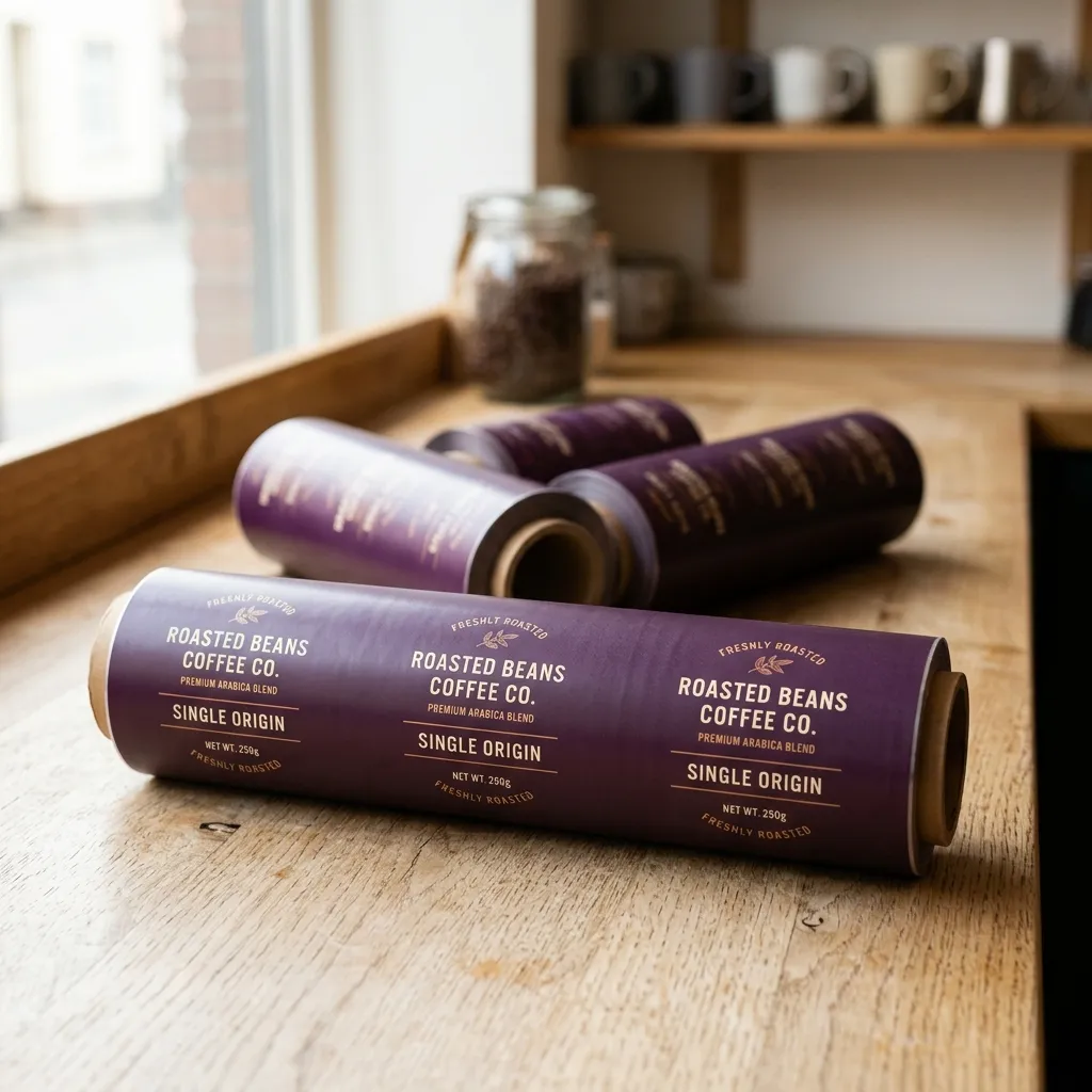 보라색 Printed_packaging_film_rolls_on 나무 탁자