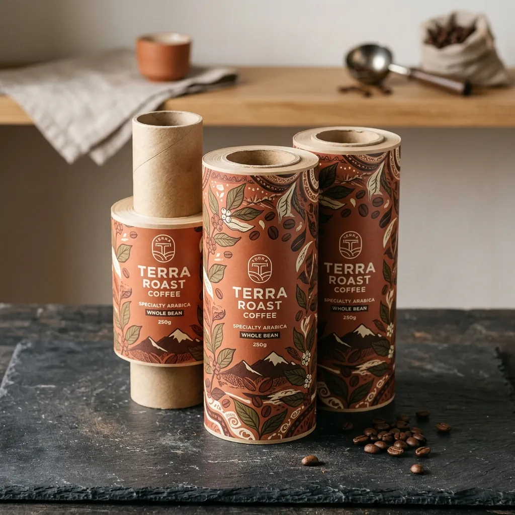 대리석 위에 갈색 Printed_packaging_film_rolls_stack